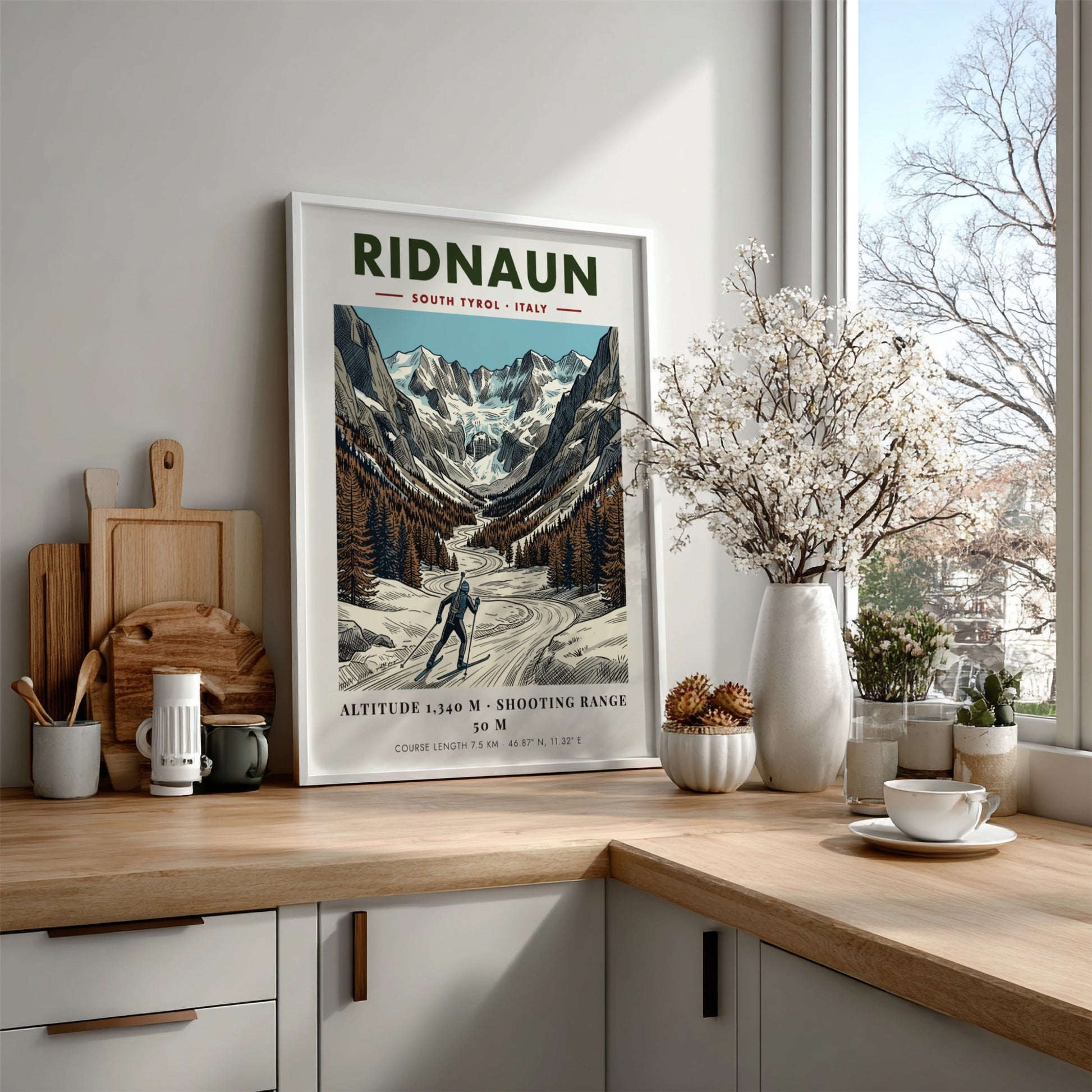 Poster featuring a skier in the Ridnaun valley with snowy mountains and pines.