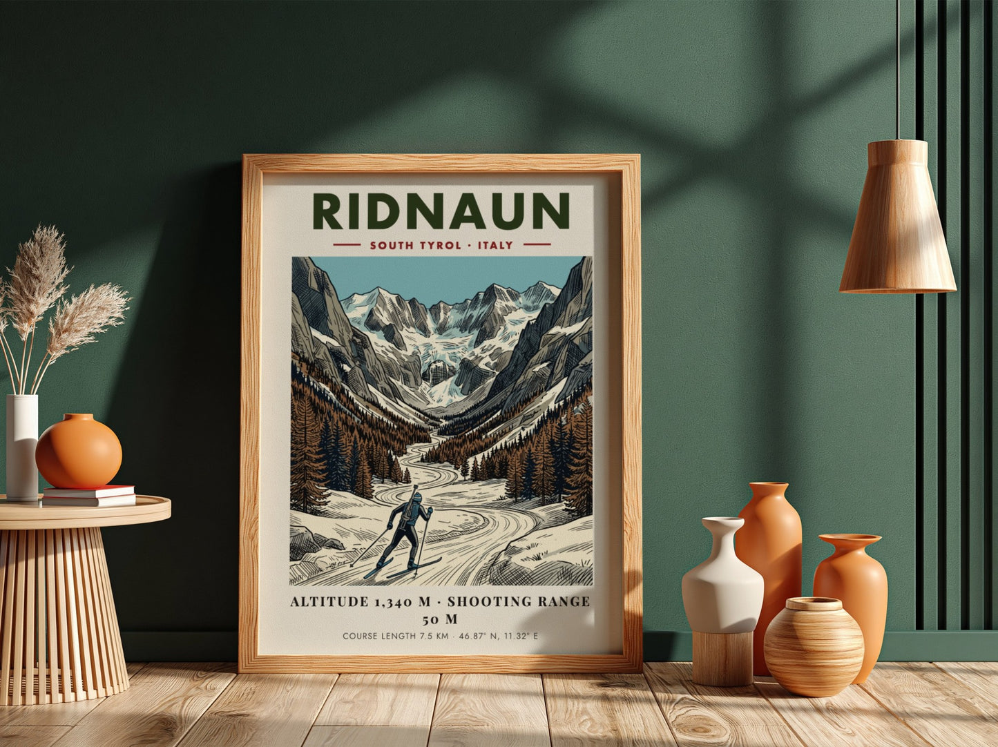 Poster featuring a skier in the Ridnaun valley with snowy mountains and pines.