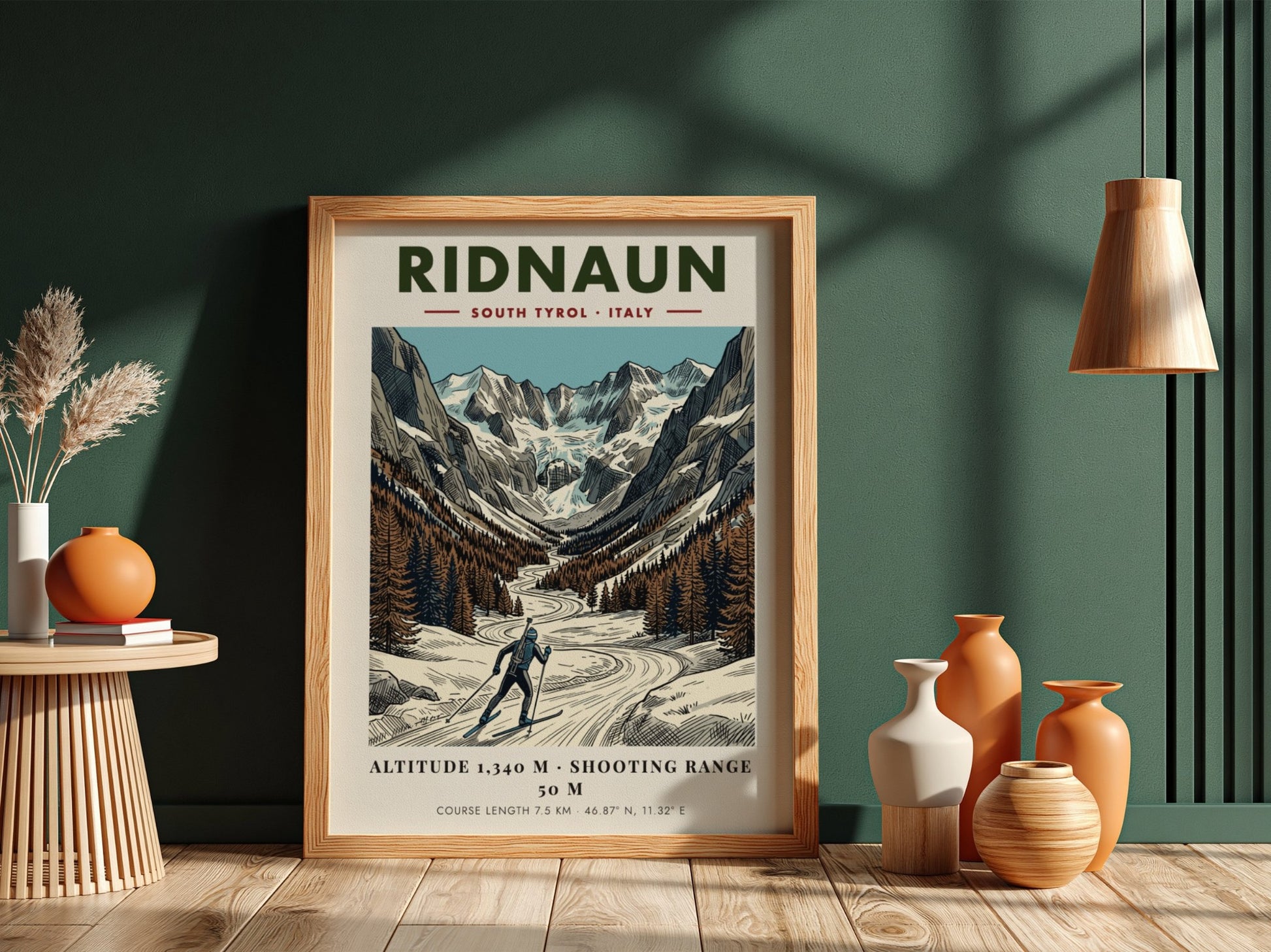 Poster featuring a skier in the Ridnaun valley with snowy mountains and pines.
