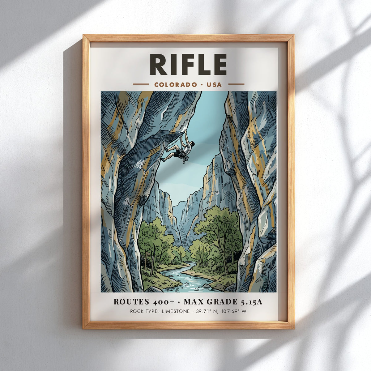 Poster of a rock climber on a limestone cliff in Rifle Colorado canyon