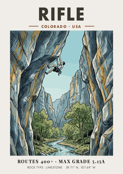Poster of a rock climber on a limestone cliff in Rifle Colorado canyon