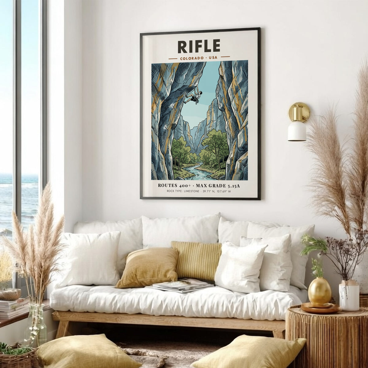 Poster of a rock climber on a limestone cliff in Rifle Colorado canyon