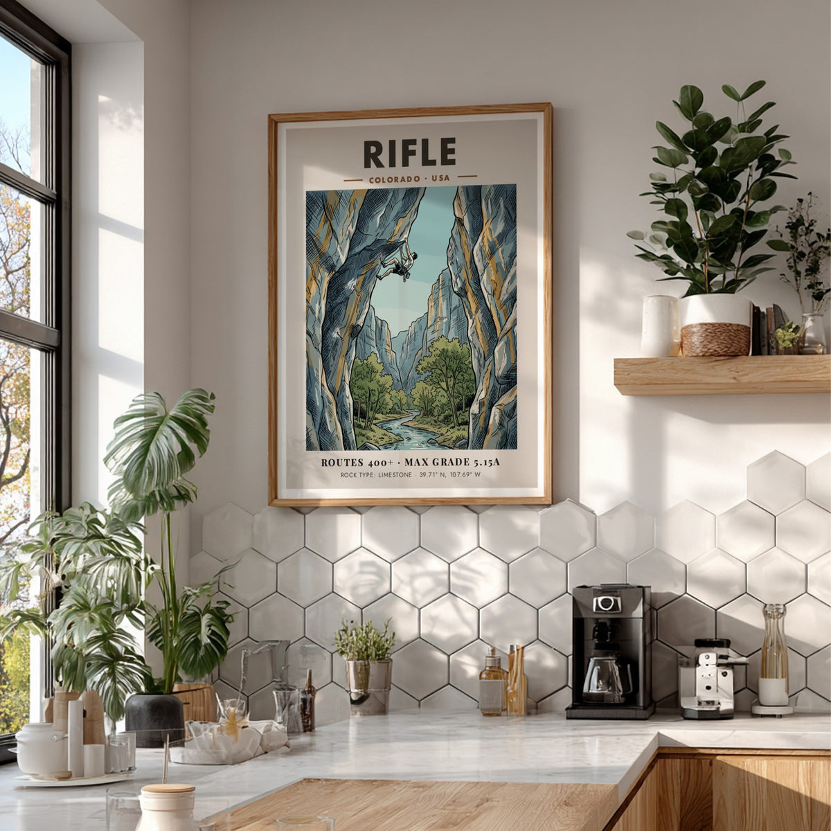 Poster of a rock climber on a limestone cliff in Rifle Colorado canyon