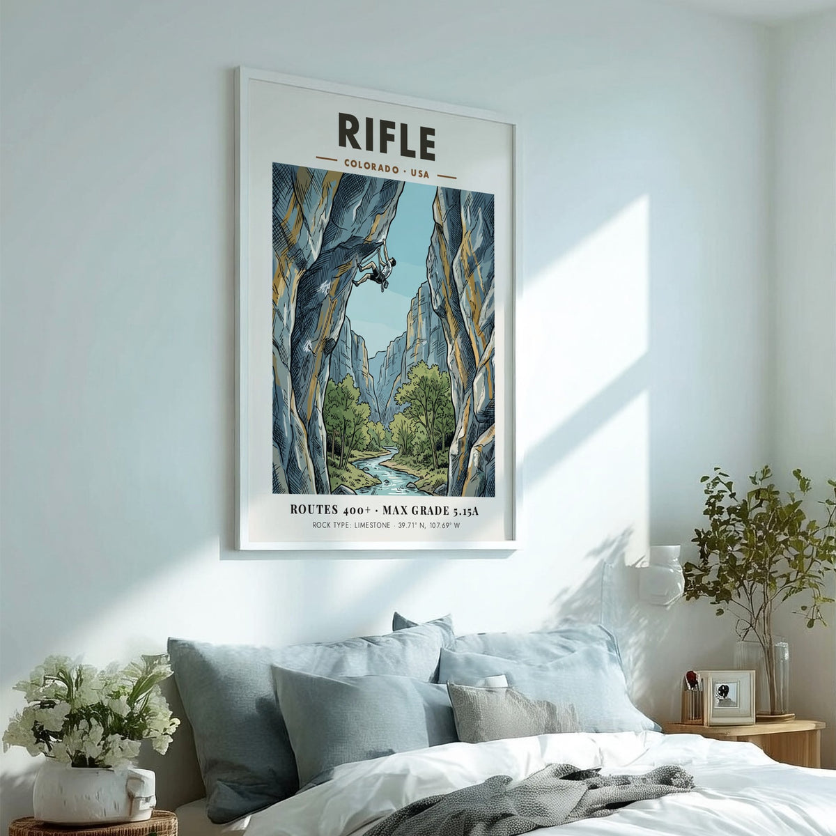 Poster of a rock climber on a limestone cliff in Rifle Colorado canyon