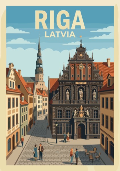 Riga Latvia travel poster featuring historic architecture with a church spire and cobblestone street
