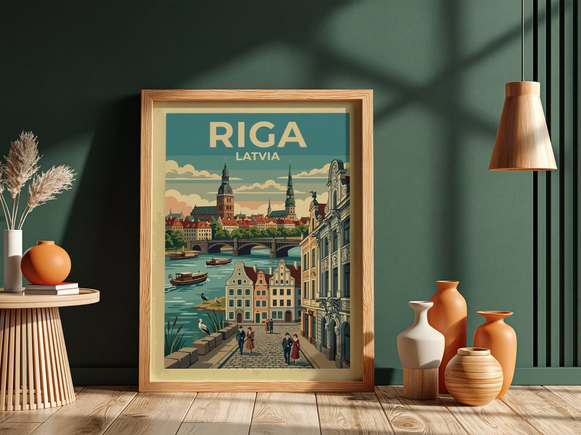 Travel poster of Riga Latvia featuring historic city spires and people walking along riverside.