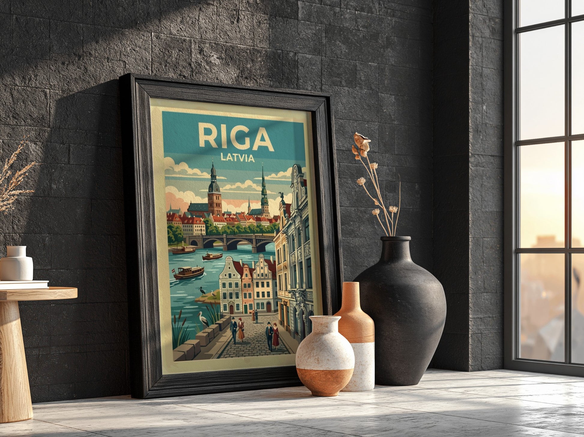 Travel poster of Riga Latvia featuring historic city spires and people walking along riverside.