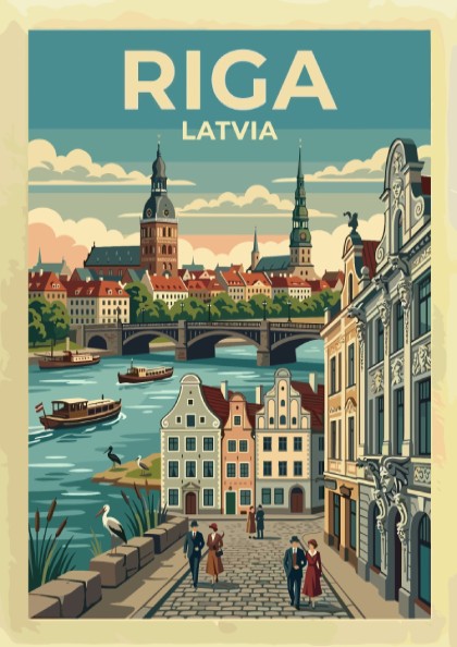 Travel poster of Riga Latvia featuring historic city spires and people walking along riverside.