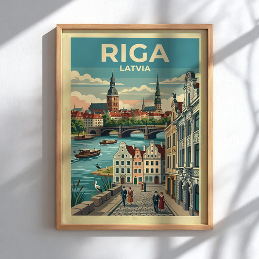 Travel poster of Riga Latvia featuring historic city spires and people walking along riverside.