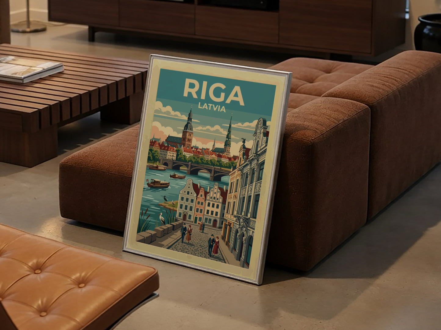 Travel poster of Riga Latvia featuring historic city spires and people walking along riverside.