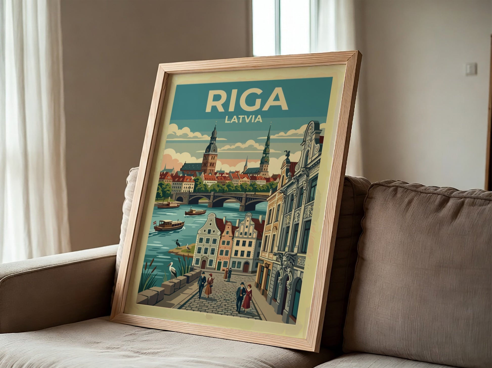 Travel poster of Riga Latvia featuring historic city spires and people walking along riverside.