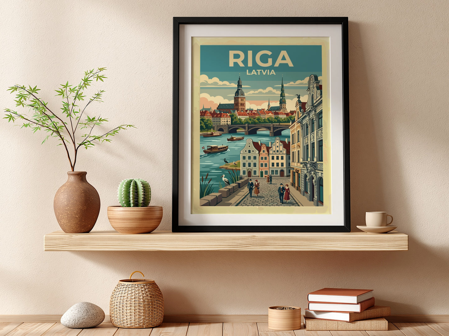Travel poster of Riga Latvia featuring historic city spires and people walking along riverside.