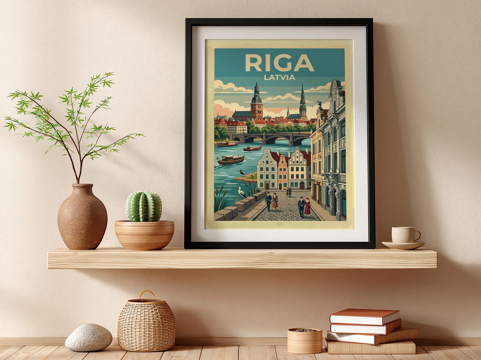 Travel poster of Riga Latvia featuring historic city spires and people walking along riverside.
