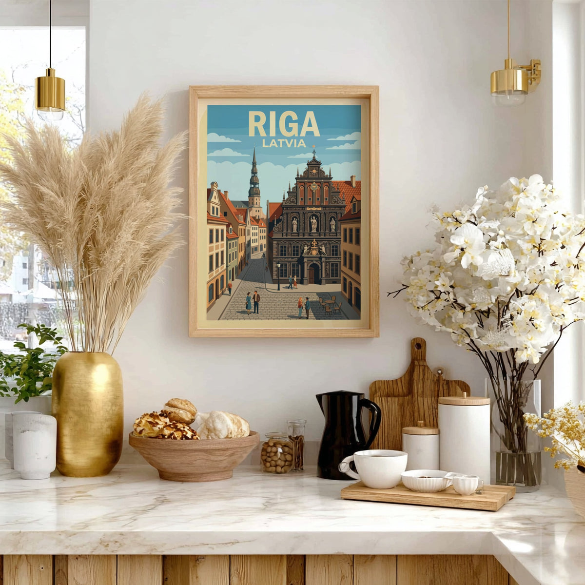 Riga Latvia travel poster featuring historic architecture with a church spire and cobblestone street