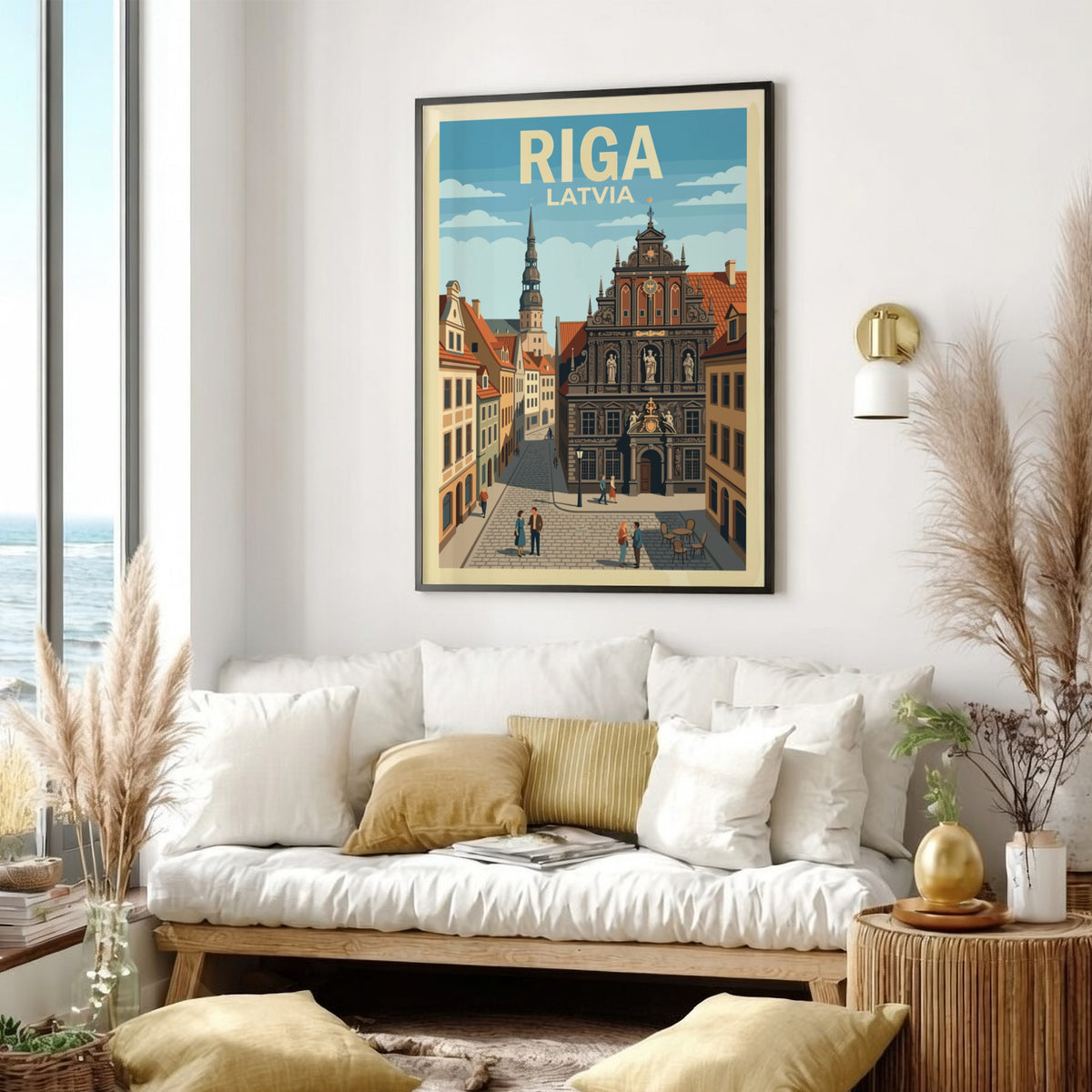 Riga Latvia travel poster featuring historic architecture with a church spire and cobblestone street