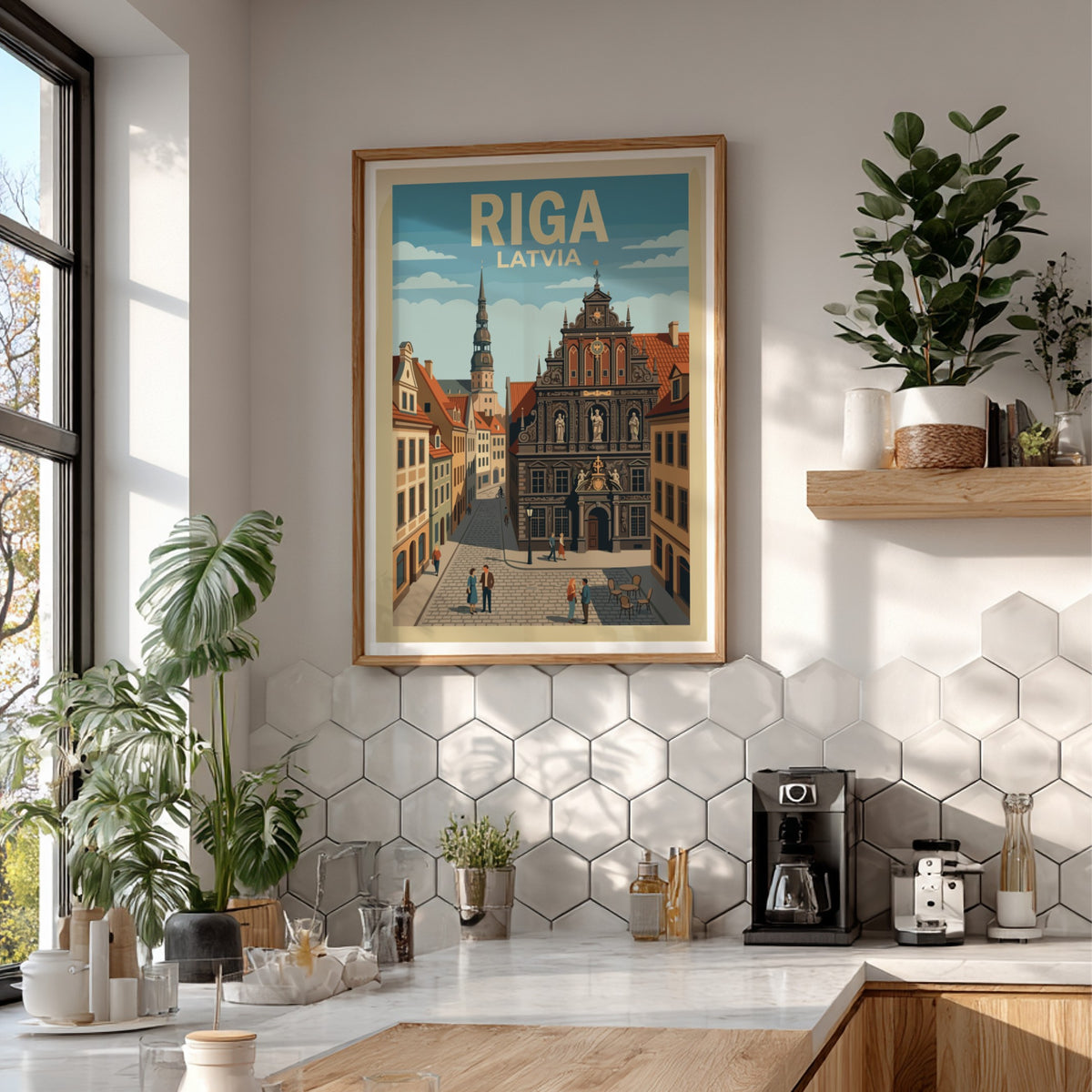 Riga Latvia travel poster featuring historic architecture with a church spire and cobblestone street