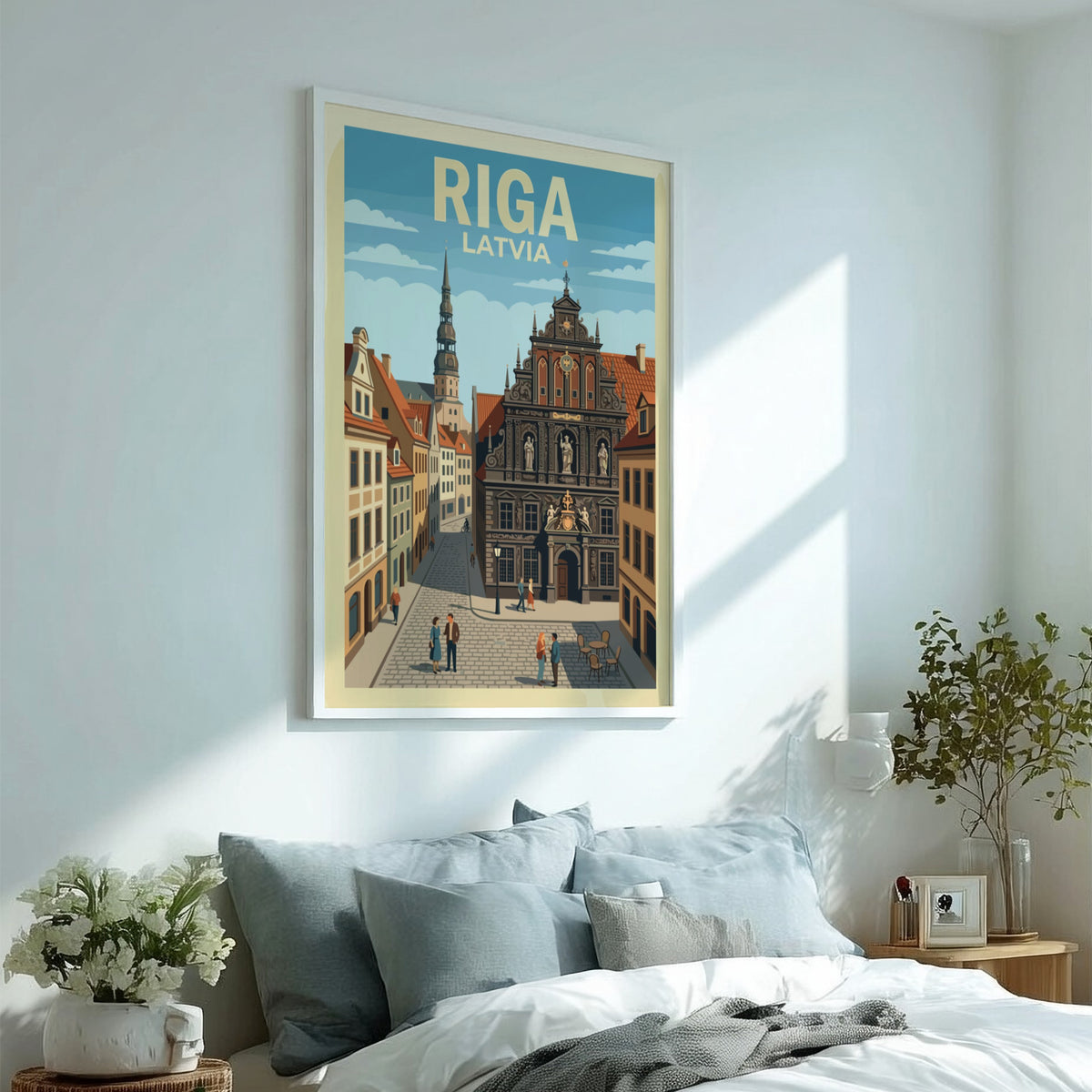 Riga Latvia travel poster featuring historic architecture with a church spire and cobblestone street