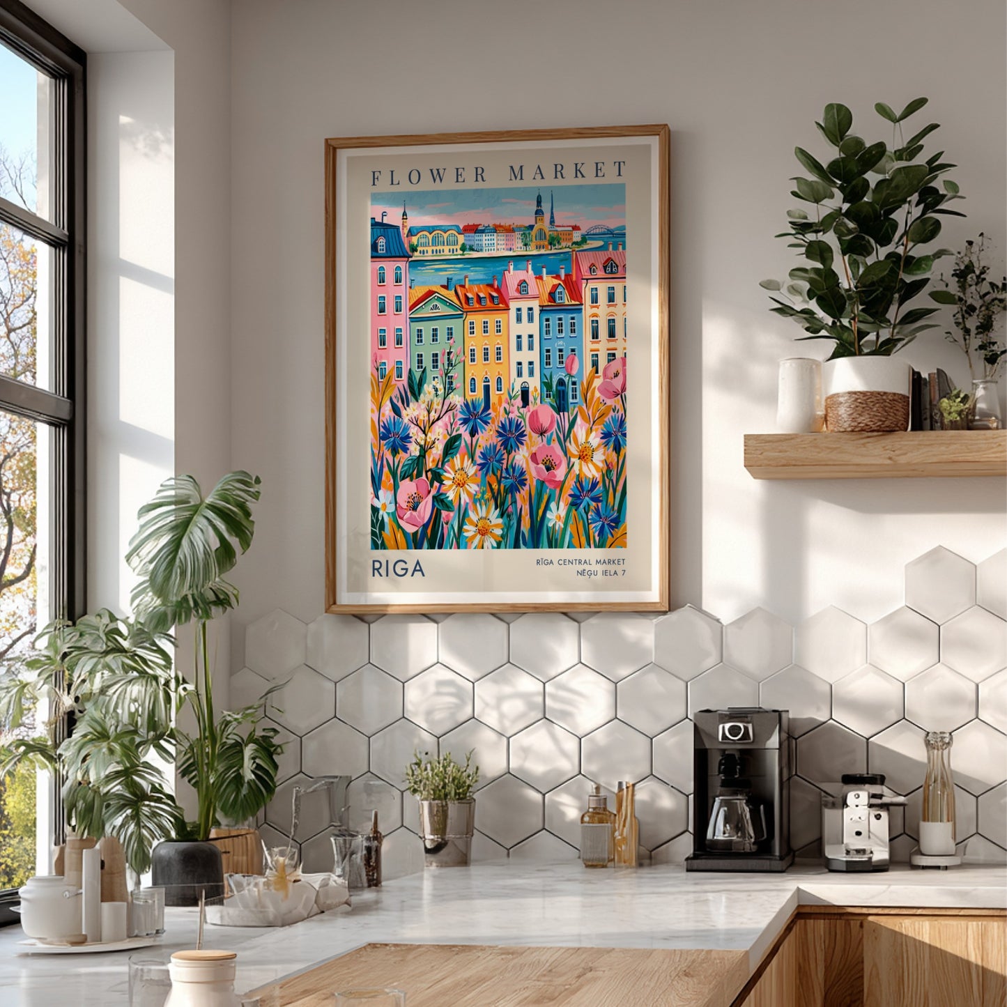 Flower market poster featuring vibrant cityscape with colorful buildings and blooming flowers