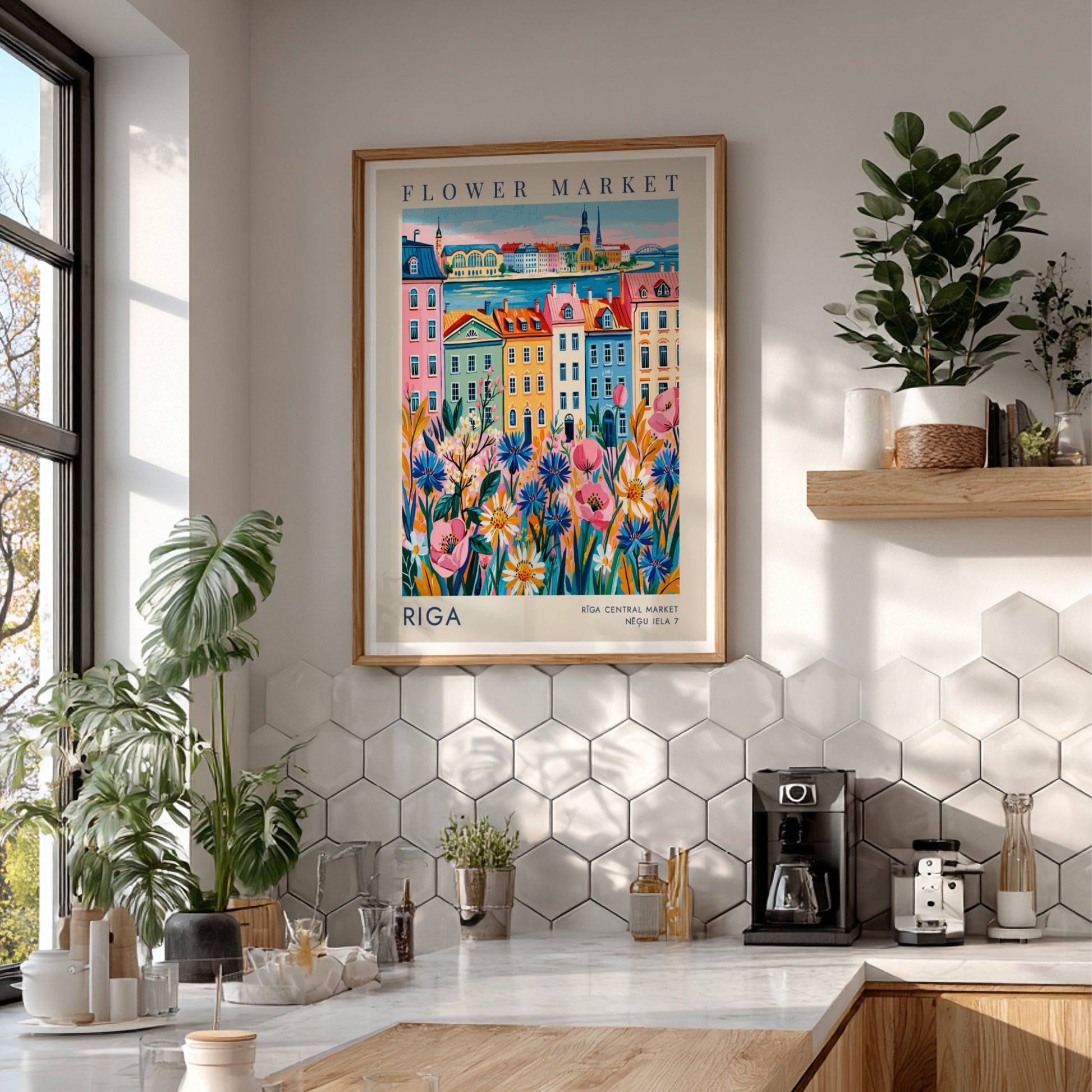 Flower market poster featuring vibrant cityscape with colorful buildings and blooming flowers