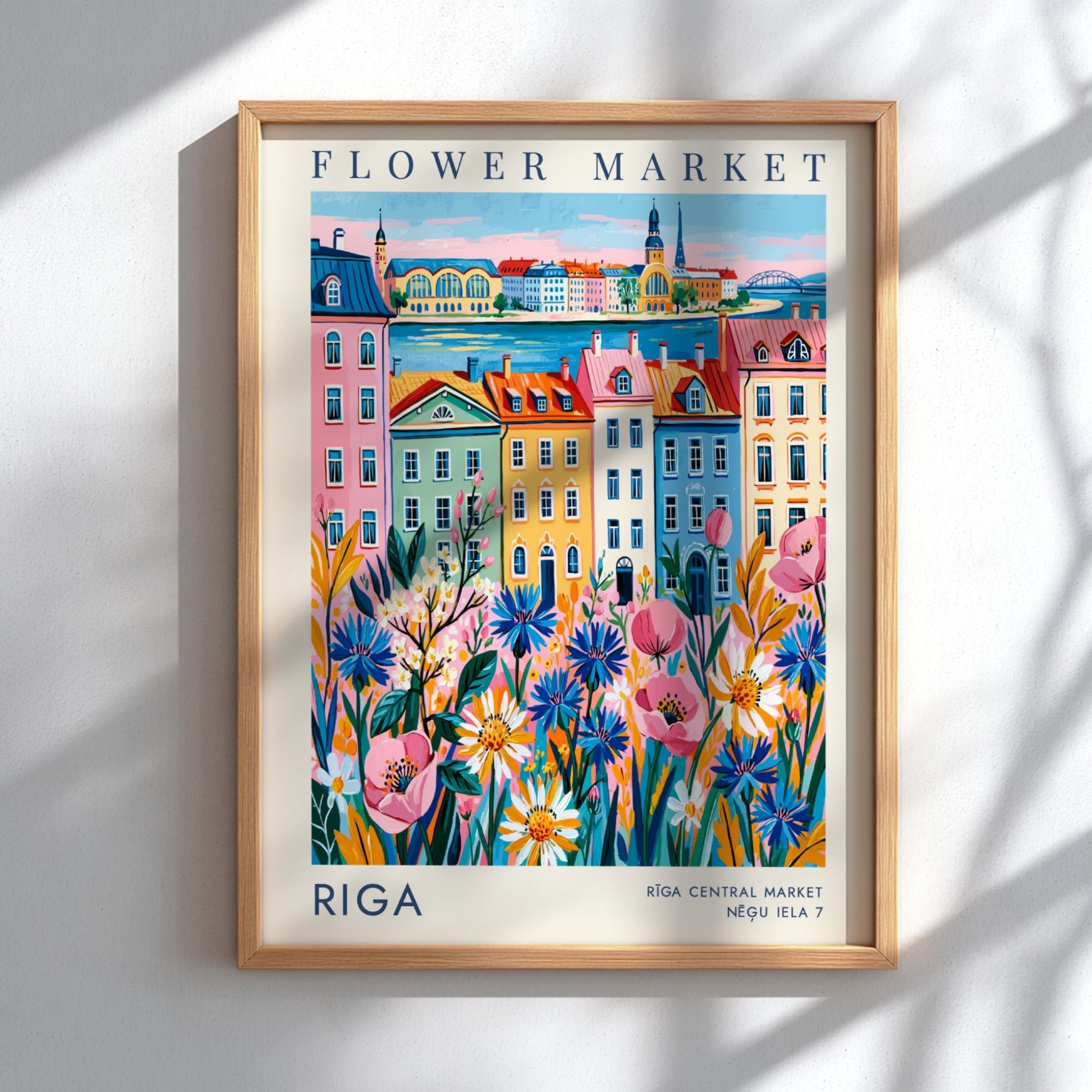 Flower market poster featuring vibrant cityscape with colorful buildings and blooming flowers