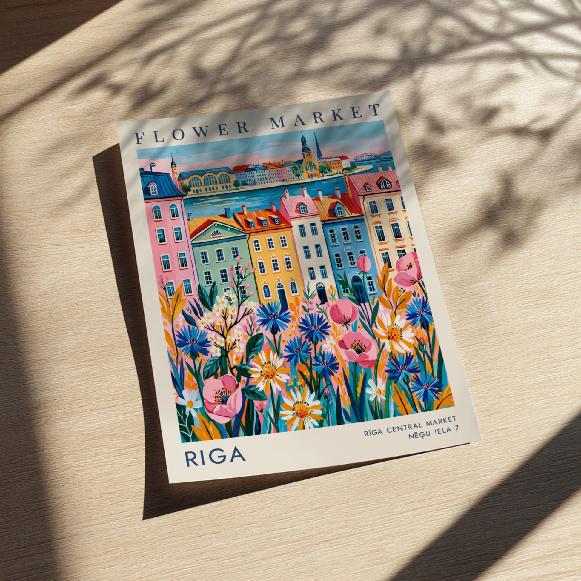 Flower market poster featuring vibrant cityscape with colorful buildings and blooming flowers
