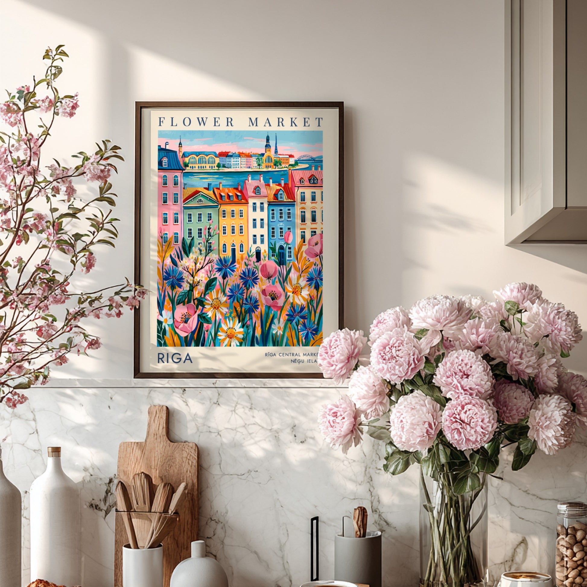Flower market poster featuring vibrant cityscape with colorful buildings and blooming flowers