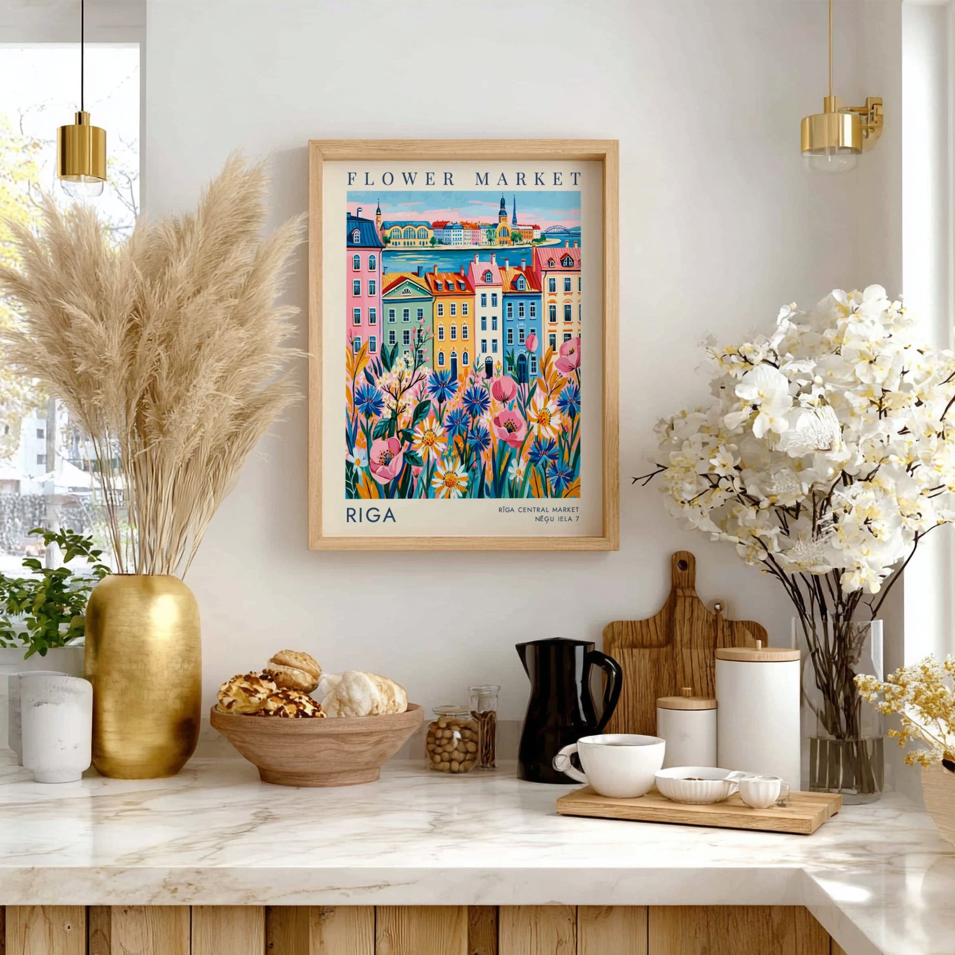 Flower market poster featuring vibrant cityscape with colorful buildings and blooming flowers