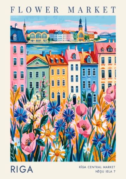 Flower market poster featuring vibrant cityscape with colorful buildings and blooming flowers