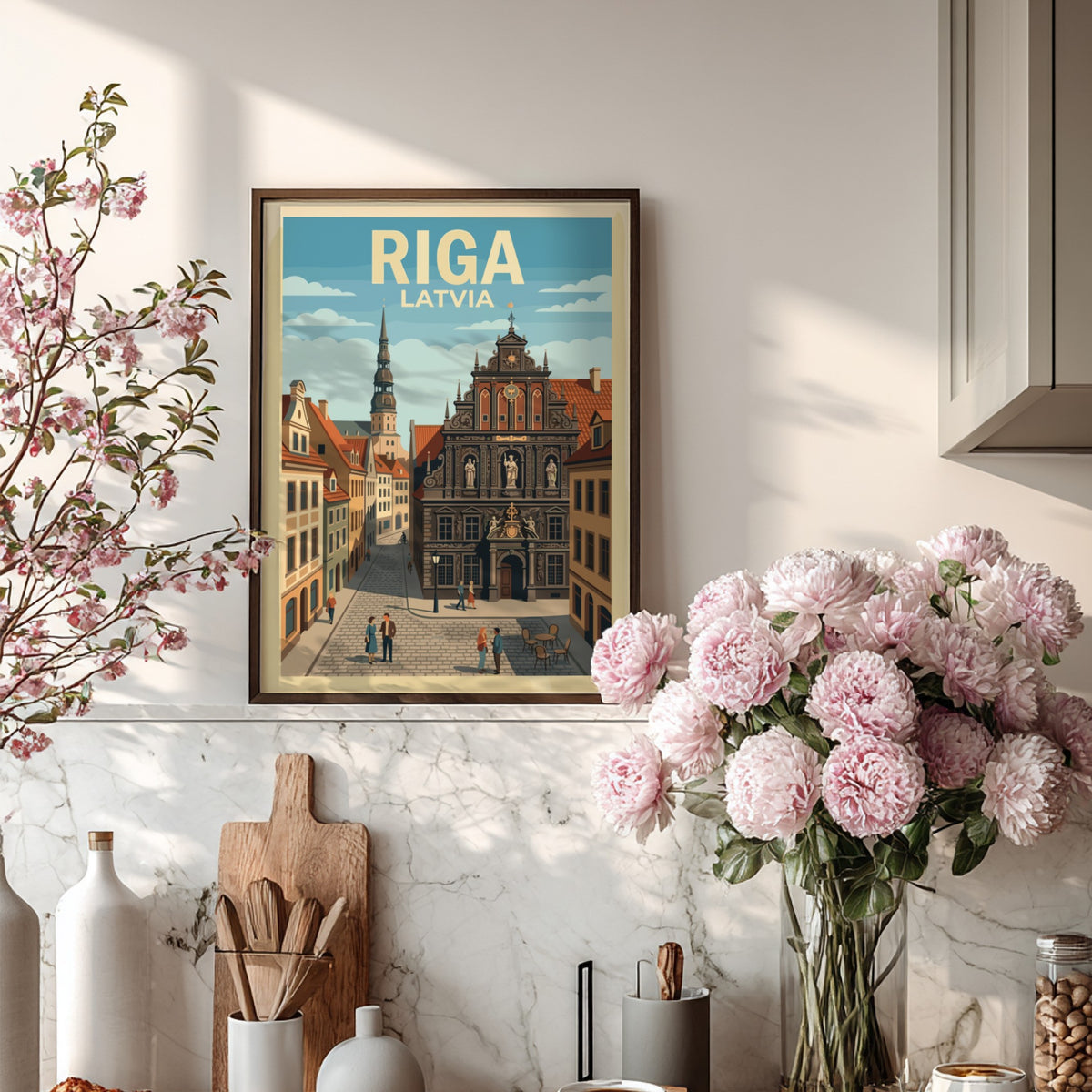Riga Latvia travel poster featuring historic architecture with a church spire and cobblestone street