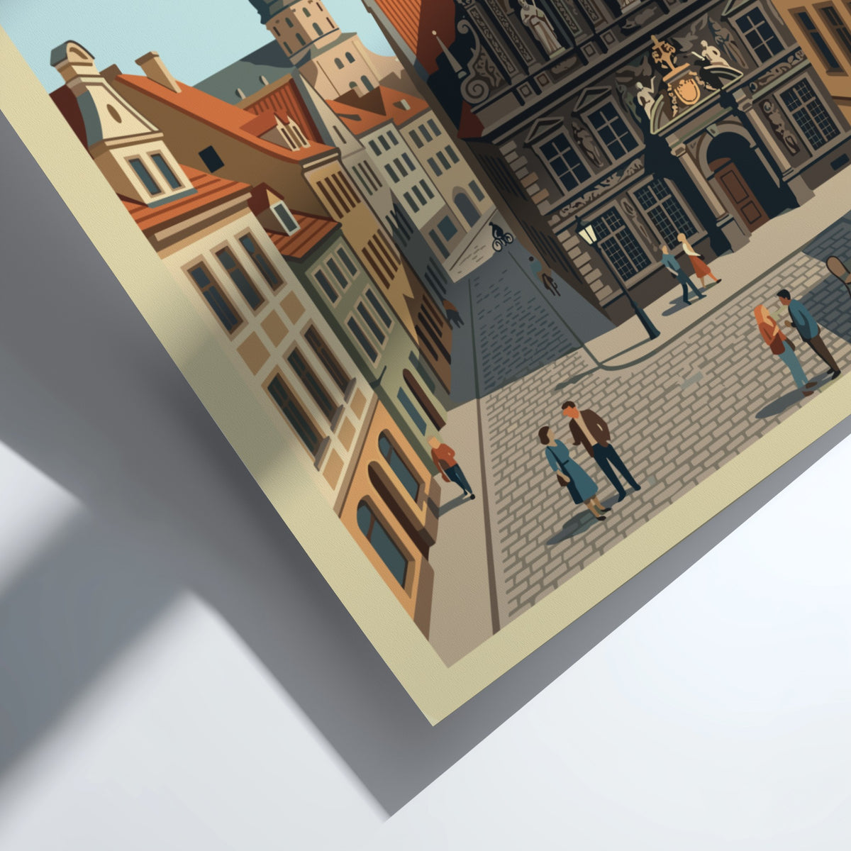 Riga Latvia travel poster featuring historic architecture with a church spire and cobblestone street