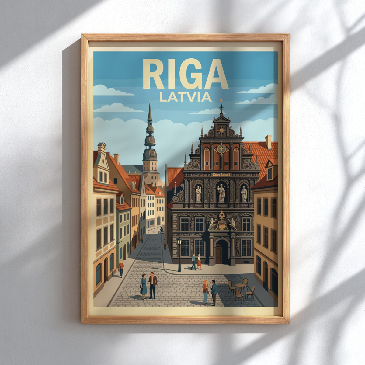 Riga Latvia travel poster featuring historic architecture with a church spire and cobblestone street