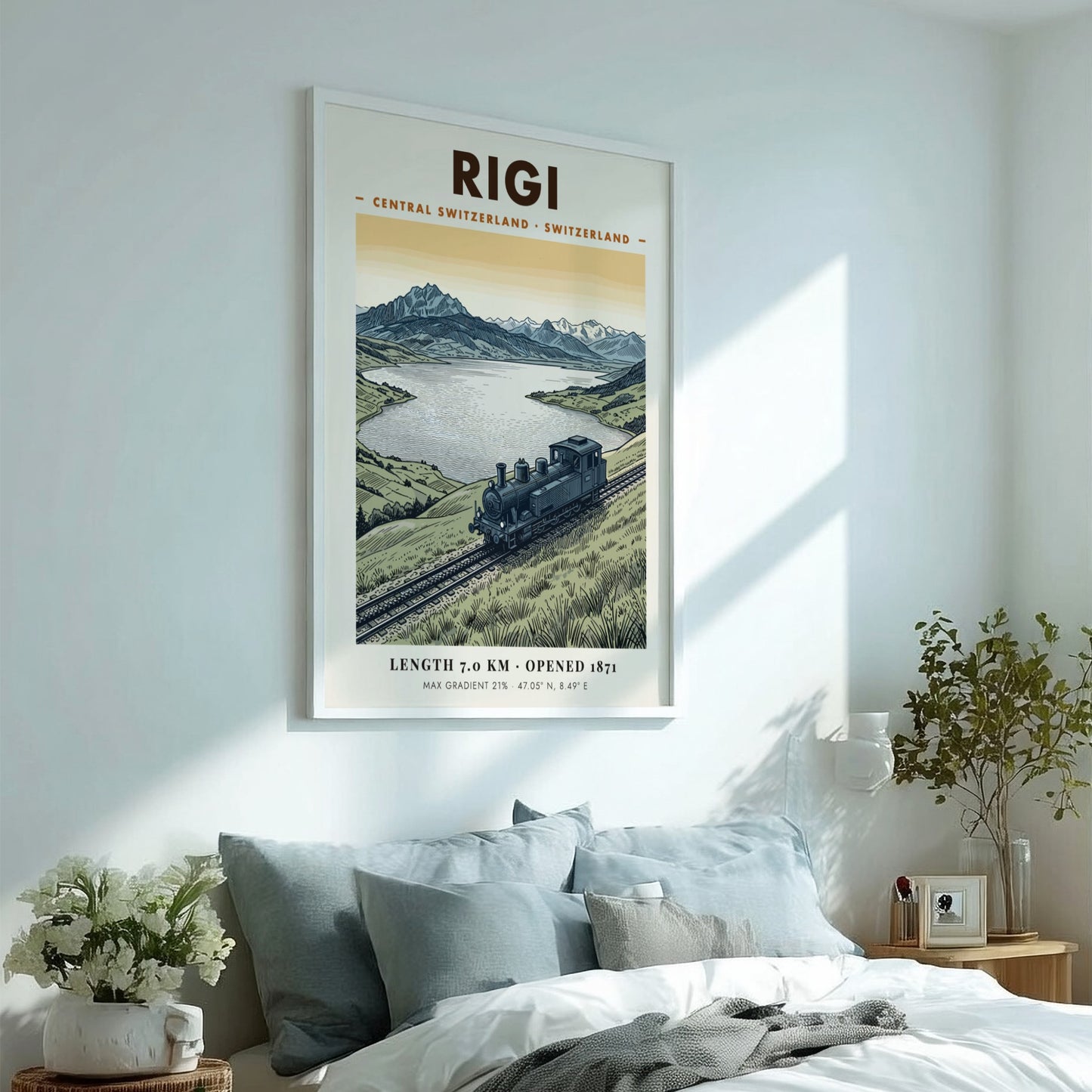 Poster of a vintage steam train on the Rigi mountain railway in Switzerland.