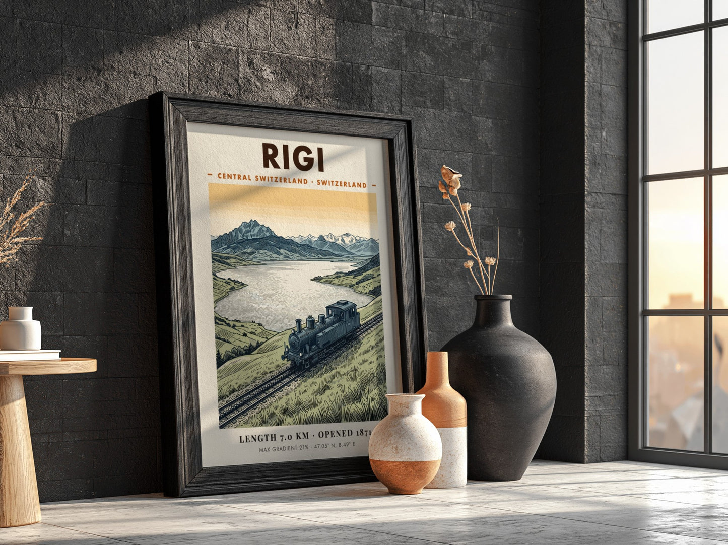 Poster of a vintage steam train on the Rigi mountain railway in Switzerland.