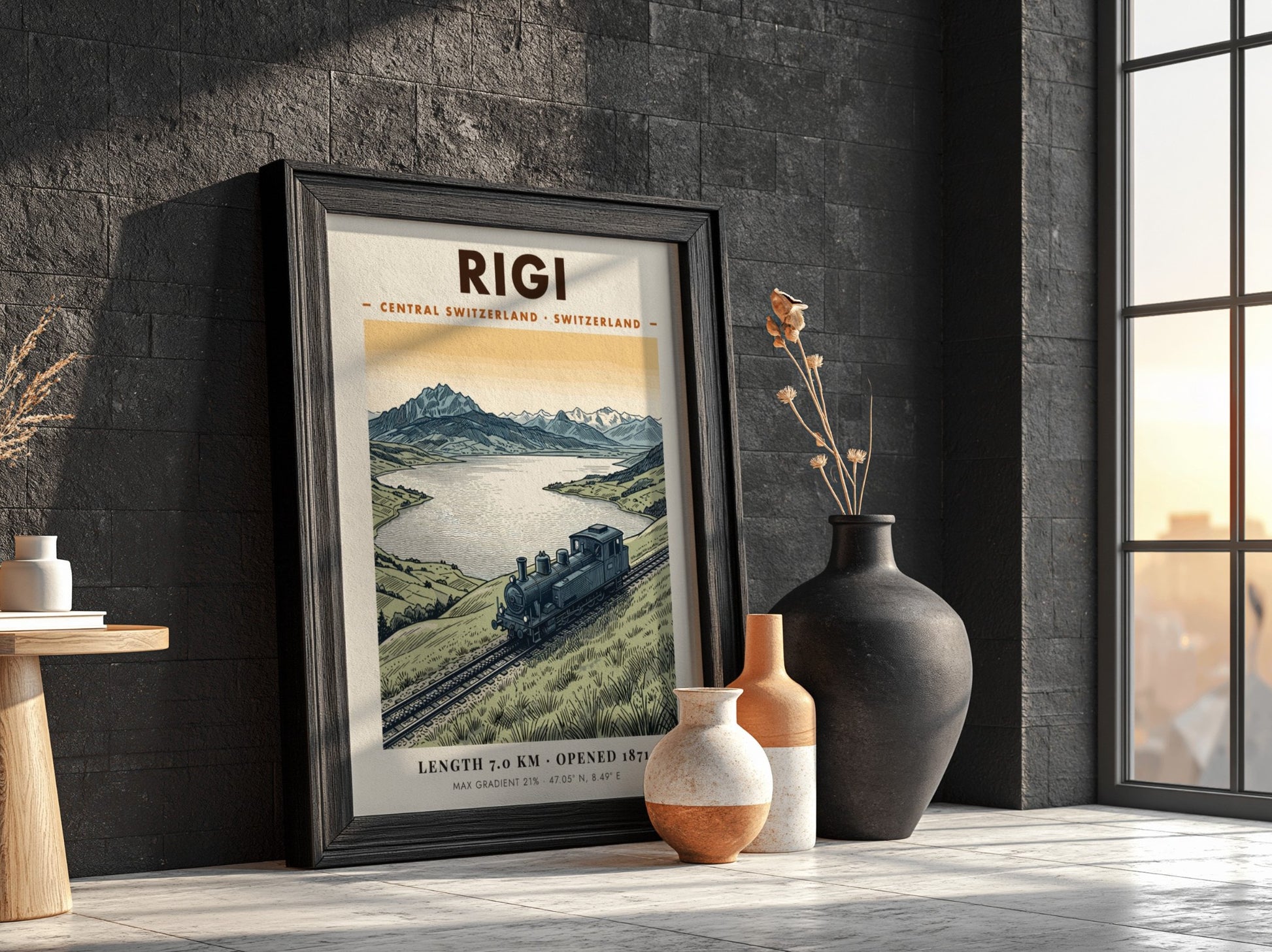 Poster of a vintage steam train on the Rigi mountain railway in Switzerland.