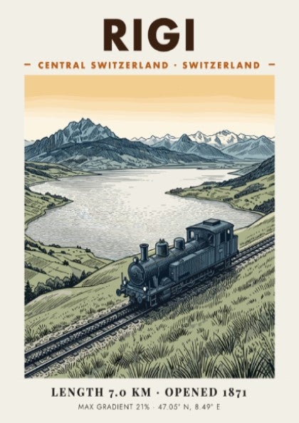 Poster of a vintage steam train on the Rigi mountain railway in Switzerland.