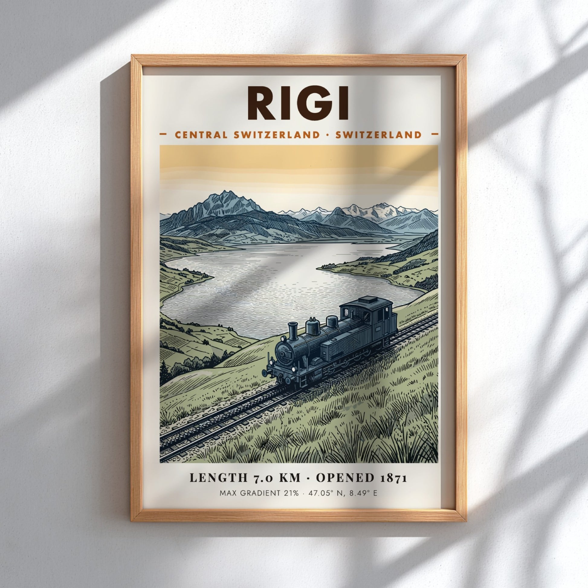Poster of a vintage steam train on the Rigi mountain railway in Switzerland.