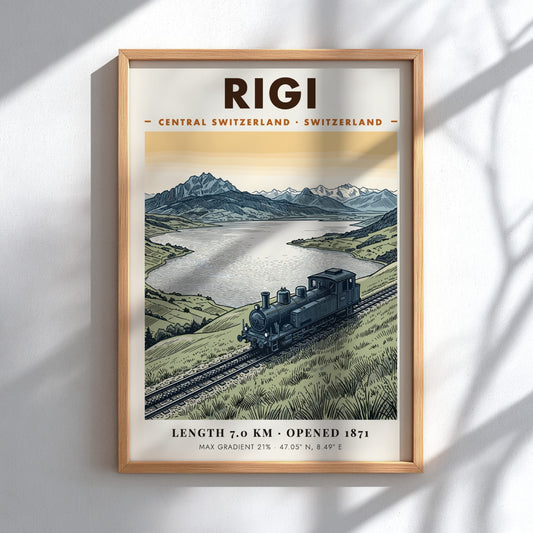 Poster of a vintage steam train on the Rigi mountain railway in Switzerland.