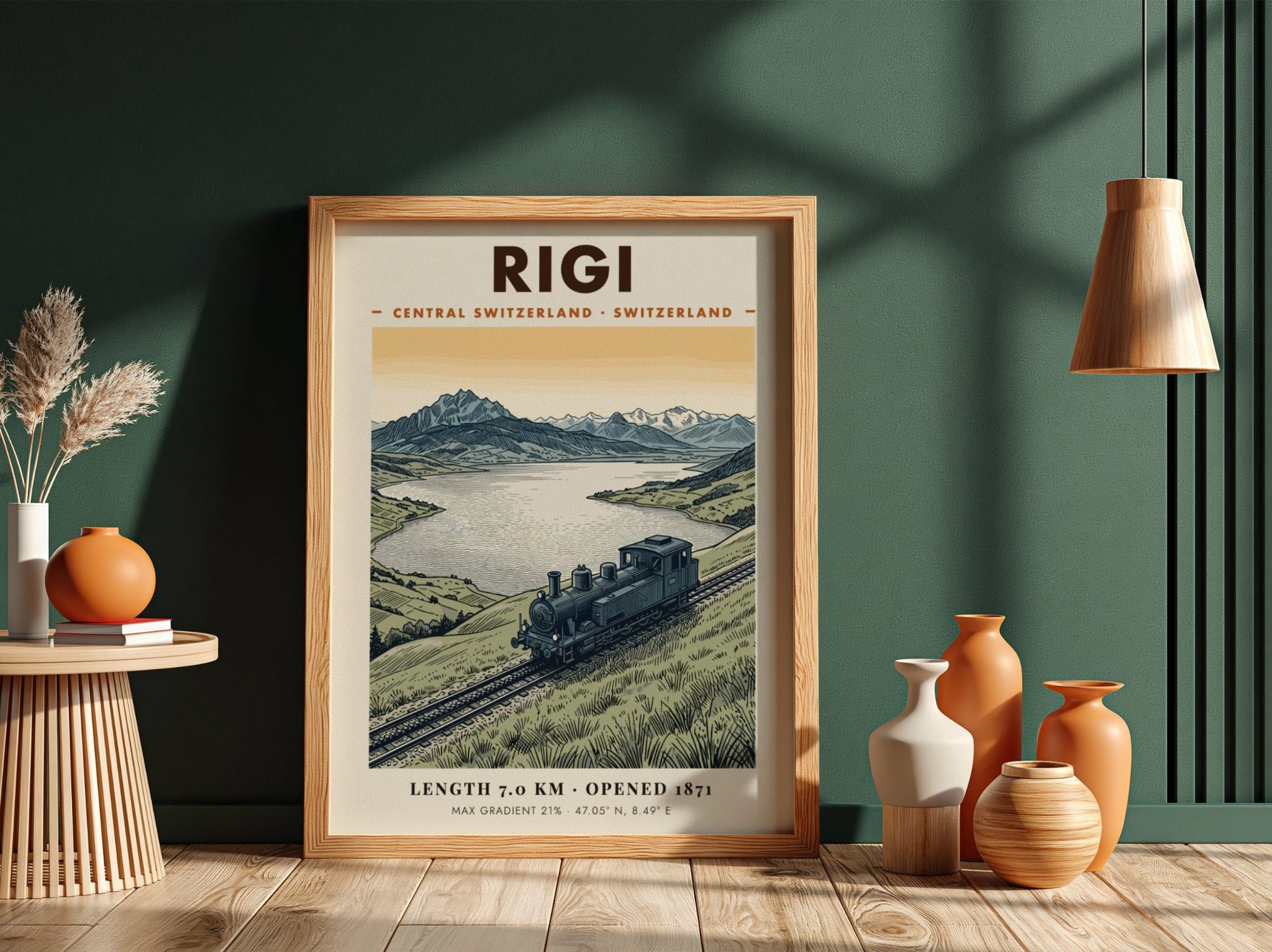 Poster of a vintage steam train on the Rigi mountain railway in Switzerland.