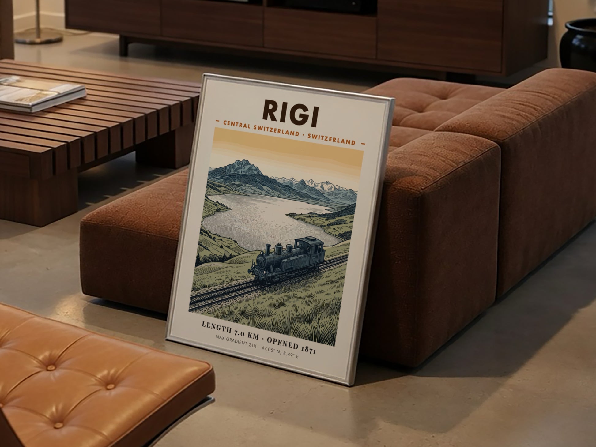Poster of a vintage steam train on the Rigi mountain railway in Switzerland.