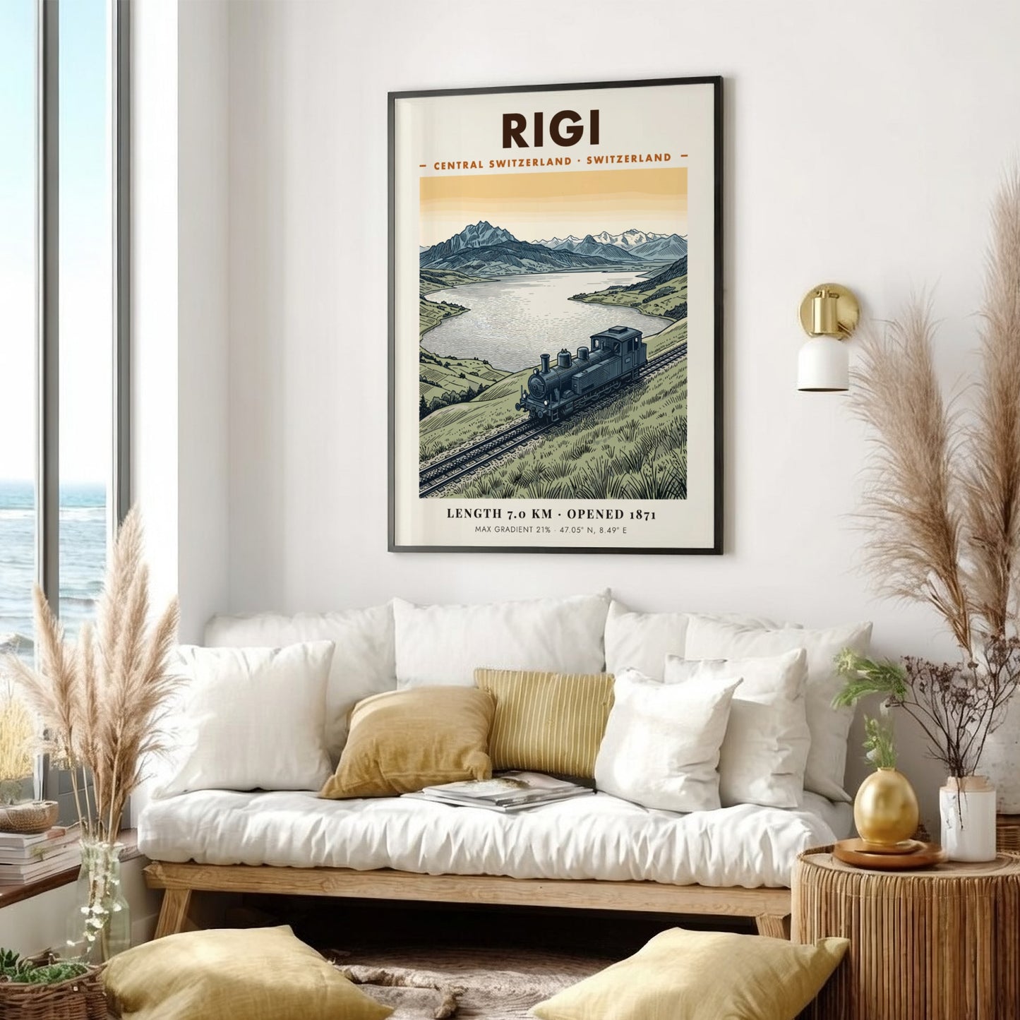 Poster of a vintage steam train on the Rigi mountain railway in Switzerland.