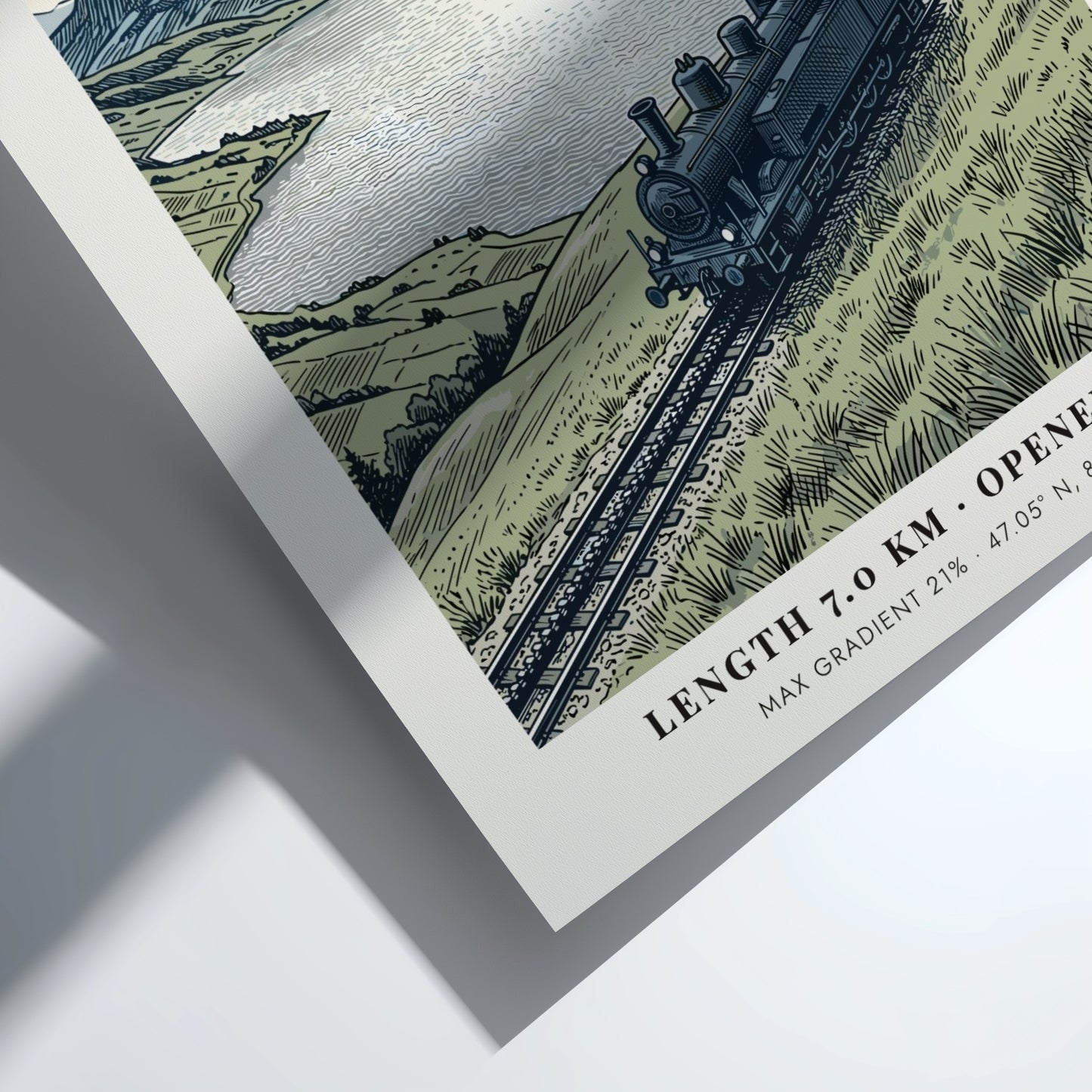 Poster of a vintage steam train on the Rigi mountain railway in Switzerland.