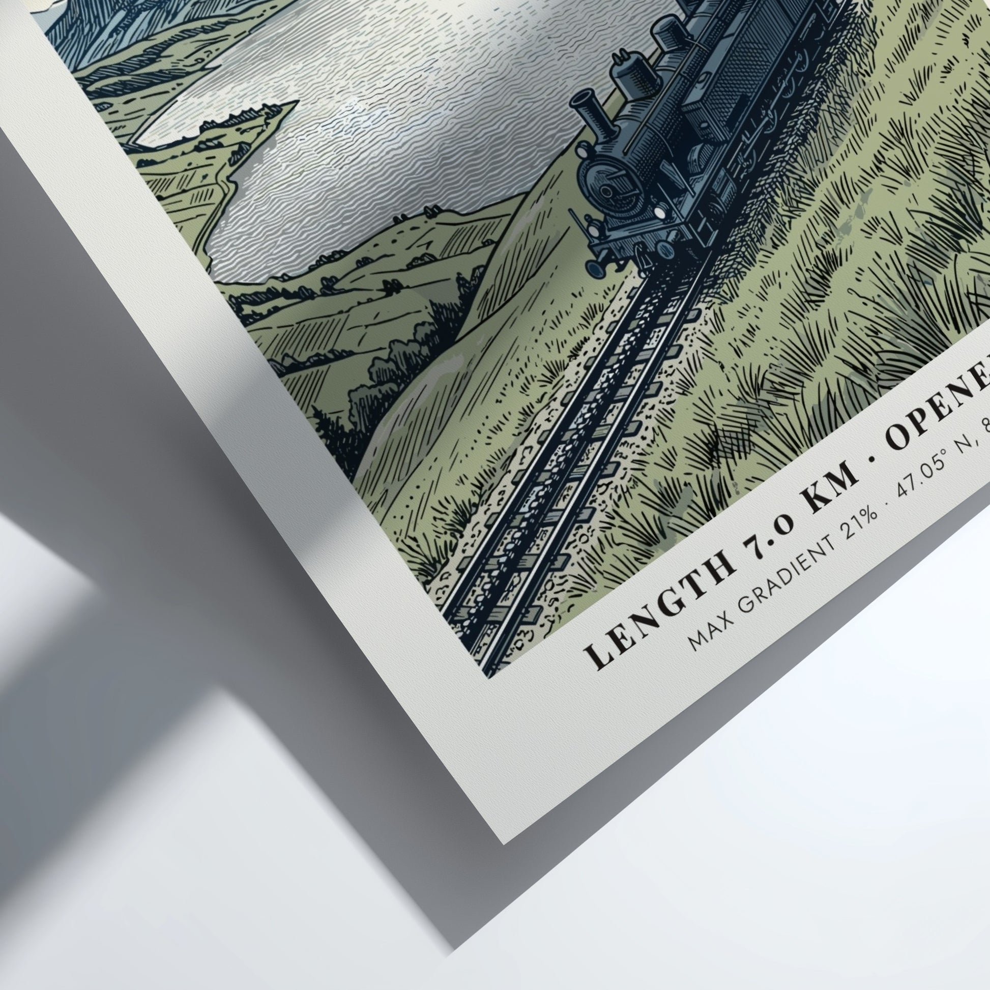 Poster of a vintage steam train on the Rigi mountain railway in Switzerland.