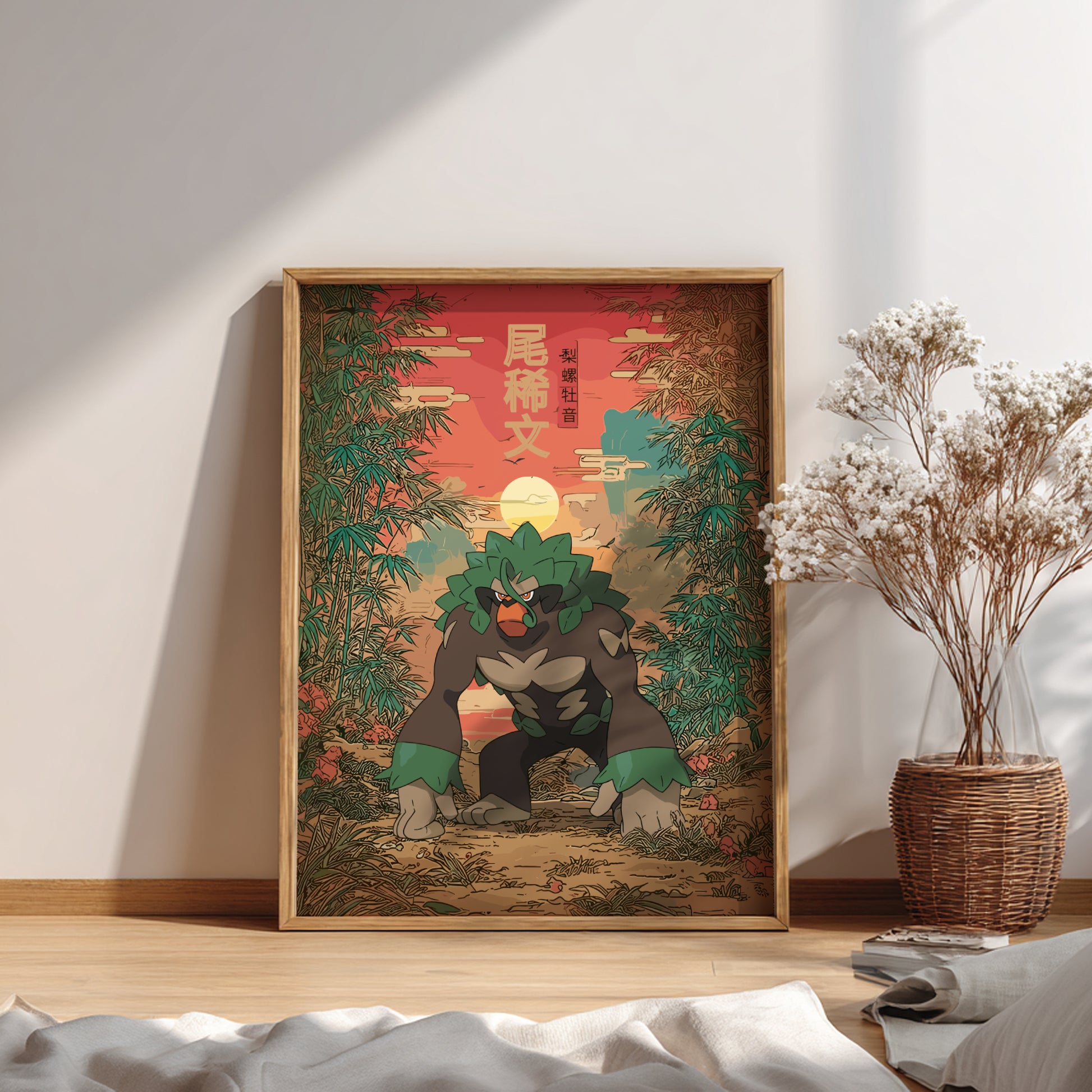 Framed artwork of Rillaboom Pokemon character with a nature-themed background on a wall.