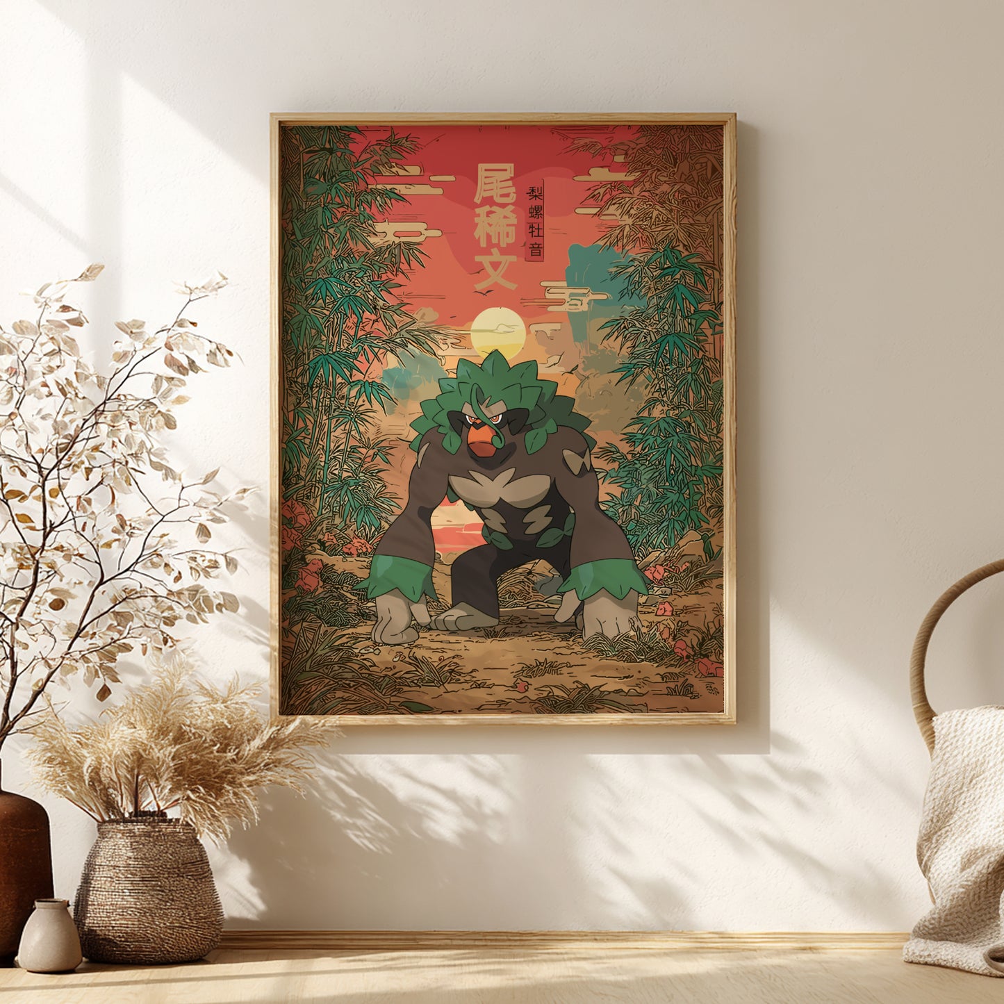 Framed artwork of Rillaboom Pokemon in a forest with a sunset, placed on a wall in a room.