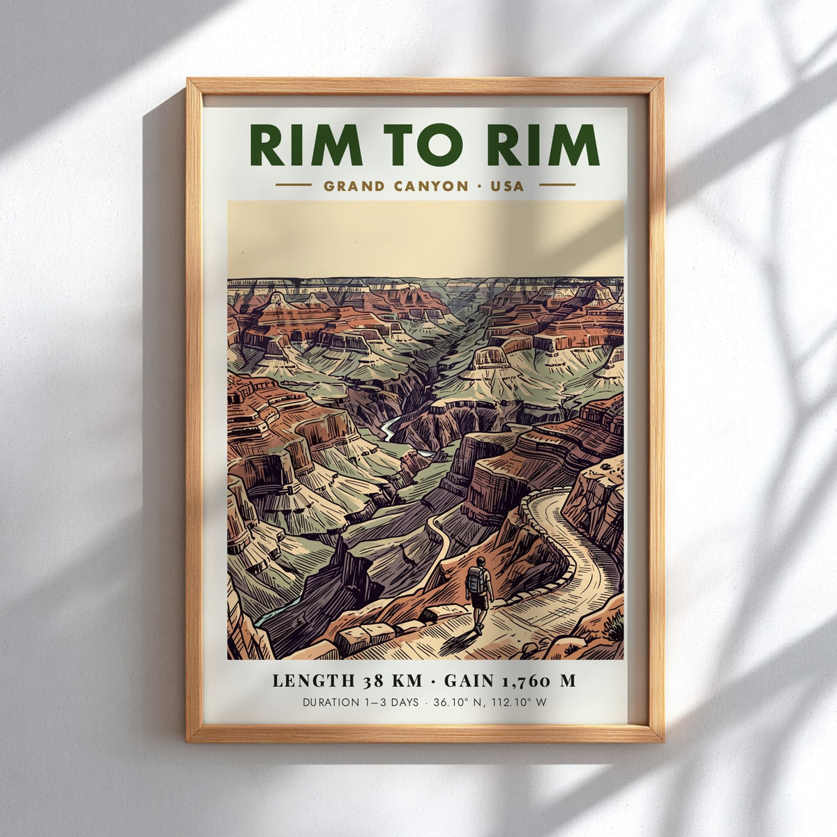 Poster featuring a hiker on a winding Grand Canyon trail with earthy tones.