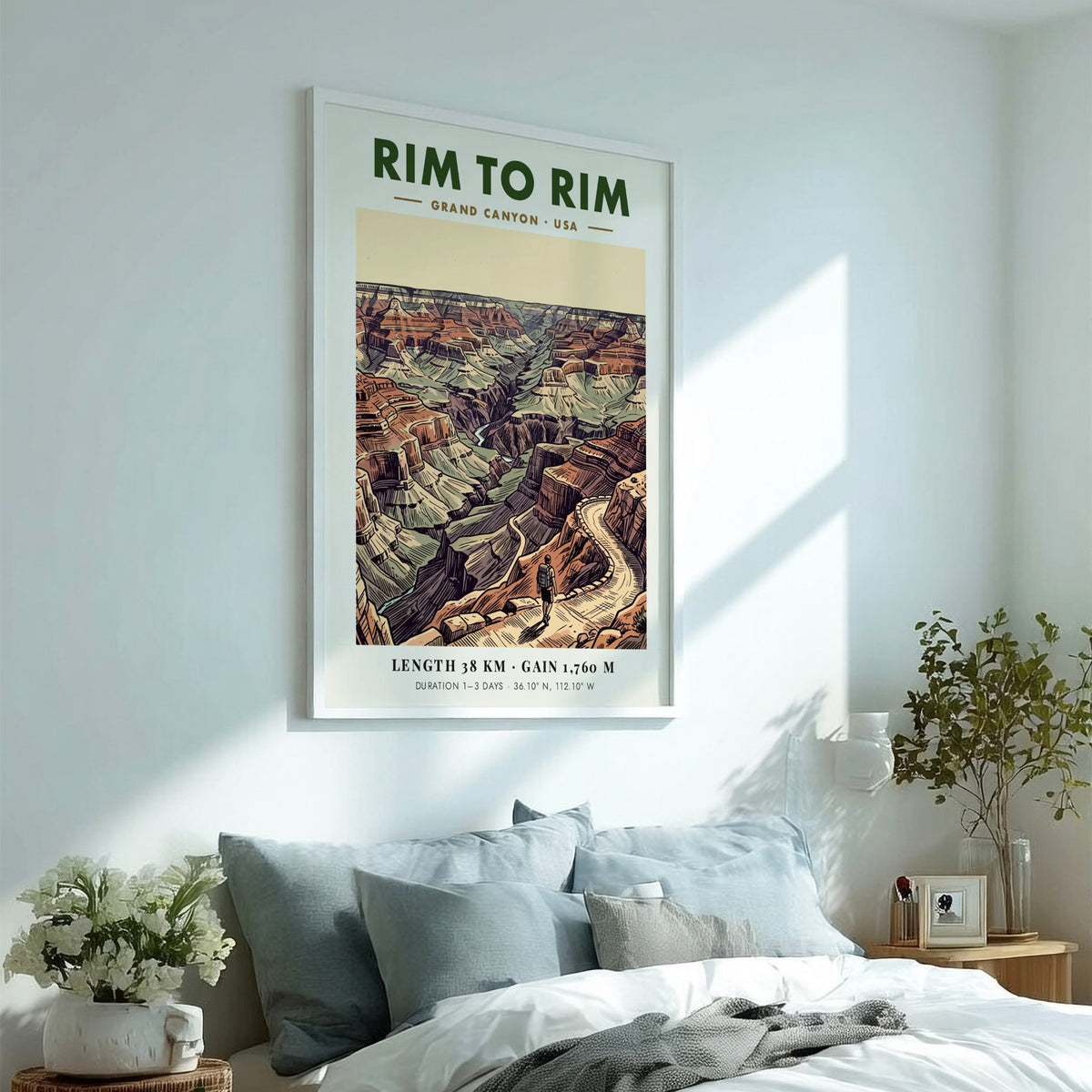 Poster featuring a hiker on a winding Grand Canyon trail with earthy tones.