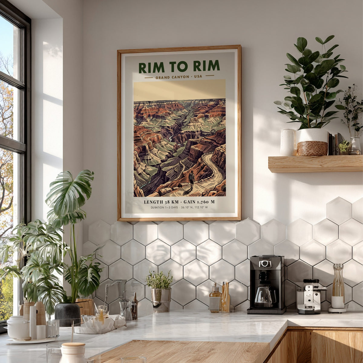 Poster featuring a hiker on a winding Grand Canyon trail with earthy tones.