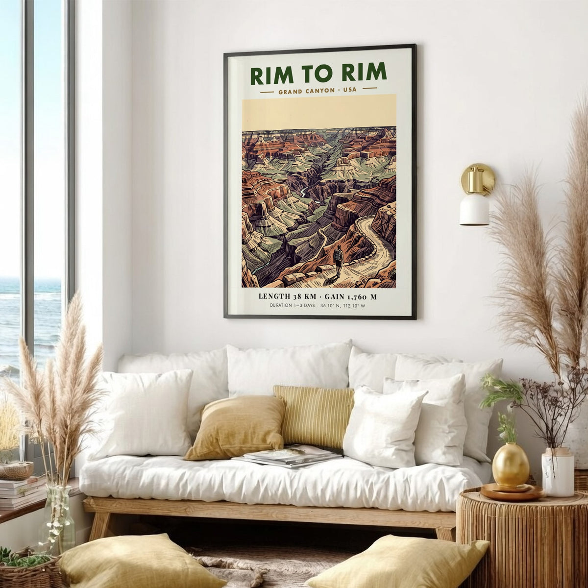 Poster featuring a hiker on a winding Grand Canyon trail with earthy tones.