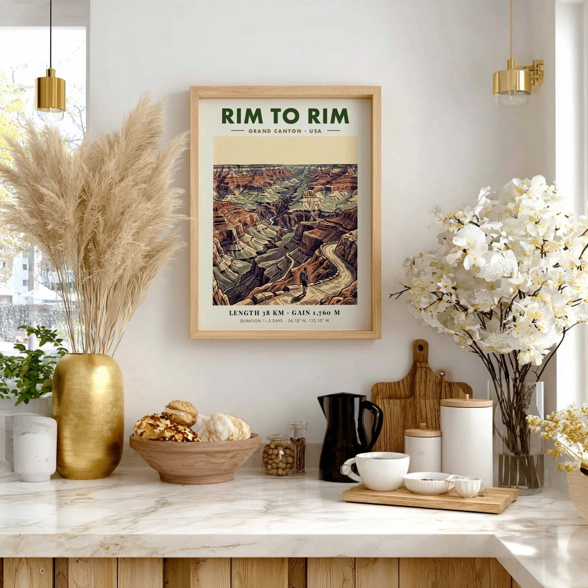 Poster featuring a hiker on a winding Grand Canyon trail with earthy tones.