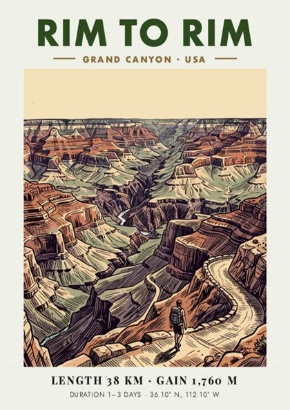 Poster featuring a hiker on a winding Grand Canyon trail with earthy tones.
